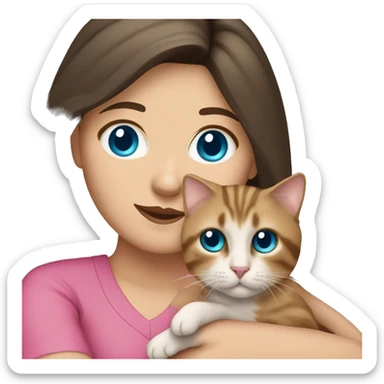 White woman with blue eyes and long dark hair wearing a pink shirt and holding a tabby cat sticker