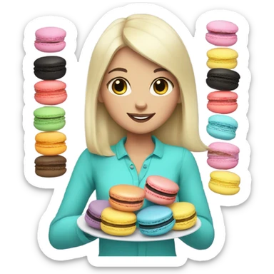 White girl with black hair holding a plate of macarons sticker