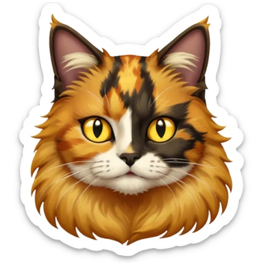 long hair tortoiseshell cat with a black face, white beard and yellow lightning mark above left eye sticker