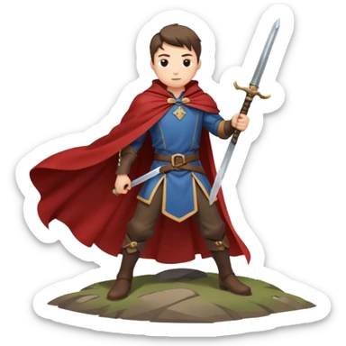 Character leaning on a sword stuck in the ground, wind whipping cape sticker