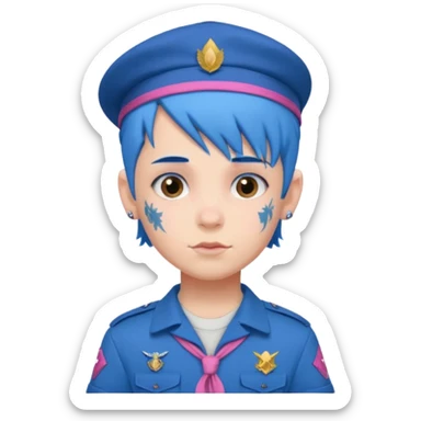 scout boy with very pink scout uniform, blue haired and hat, tattoed sticker