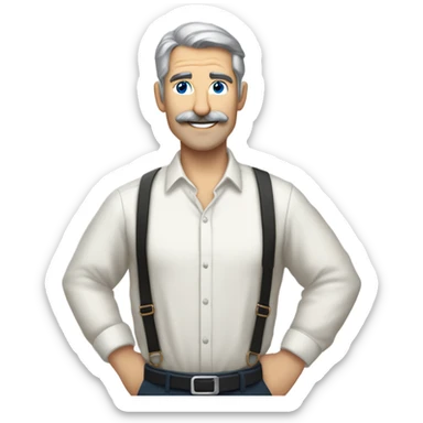 side a white man with blue eyes a thick dark brown and grey moustache, down turned black eyebrows and then dark grey hair he’s wearing an expensive watch and a white shirt and black dressy pants with beige loafers he’s looking at her smiling”  sticker