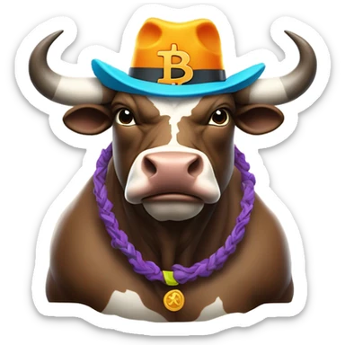 Bull ready to charge wearing bitcoin hat sticker