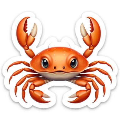 Cinematic Cute Baby Crab Portrait Emoji, Head tilted playfully and inquisitively, featuring an adorably small form with a delicately patterned carapace, round, sparkling eyes, and tiny, endearing pincers, Simplified yet irresistibly adorable features, highly detailed, glowing with a warm, friendly coastal glow, high shine, affectionate and lively, stylized with a touch of seaside whimsy, soft glowing outline, capturing the essence of a mischievous yet loving baby crab that seems as if it could pinch its way out of the screen into your arms! sticker