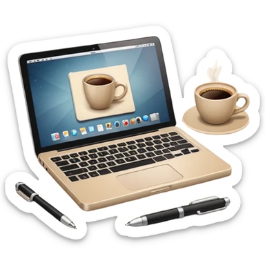 Laptop on the beige table, coffee and notebook sticker
