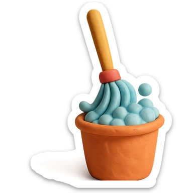 mop inside a bucket with soapy bubbles, playful arrangement, pastel palette, claymation style sticker