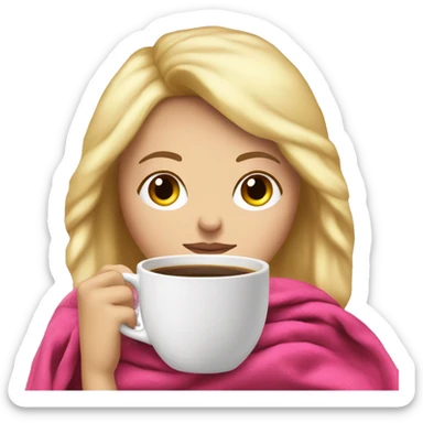 White Girl with blonde hair sipping coffee with eyes closed and pink blanket around head sticker