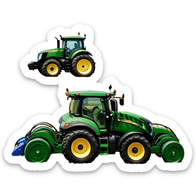 Baler – New Holland Roll-Belt 560 (2018) – Cinematic-realistic John Deere 6155M tractor towing a New Holland Roll-Belt 560 baler, its deep green body contrasting with the bright blue baler. The massive machine moves steadily through golden fields, compressing freshly cut hay into tight round bales, while dust swirls under the blazing afternoon sun. sticker