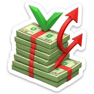 stack of banknotes with a red arrow pointing from down sticker