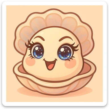 Create a version with even more expressive and luminous eyes, elegant eyelashes, and enhanced pastel, pearly, cream, peach, and greige shades. Keep the large shell, the small oyster, the pastel toon style, the background, and the mischievous expression as in the reference image. sticker
