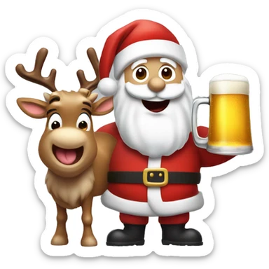 Excited  Santa's white skin face sticking out tongue and rudolph holding beers with sled sticker