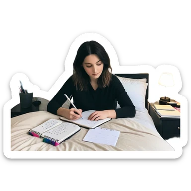 A person stands in a slightly messy room, mid-action—one hand writing a brain dump, the other smoothing out a freshly made bed. Three glowing notes are pinned nearby, marking their top priorities. A planner asks, “How can I make this easier?” Their face shows focus—not stress—activated sticker