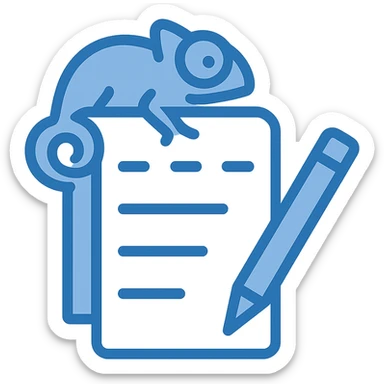 Reimagine the Notepad++ icon in a flat, modern blue style consistent with previous icons. Use almost exclusively shades of blue, with a fully transparent background. The icon should feature a notepad with a blue chameleon (stylized, simple) on top, and a blue pencil, all in clean, simple lines. Minimal use of other colors, prioritize clarity and consistency with the other icons. sticker