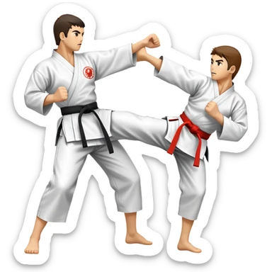 An icon symbolizing traditional Karate, featuring two opponents in a fierce battle. One fighter is delivering a high kick, while the other blocks the attack with a strong defense. The background reflects the calm yet intense atmosphere of a dojo, with traditional elements. Transparent background  sticker