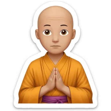A bald monk wearing traditional robes, calm expression, hands clasped, in a serene setting sticker