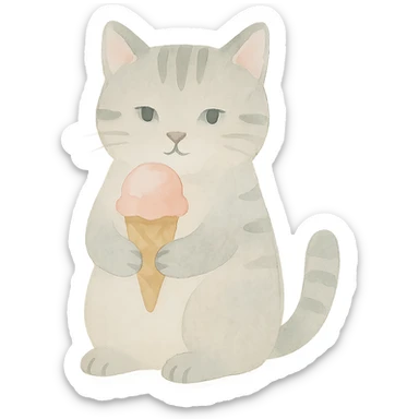 realistic cat with an ice cream, watercolor style sticker