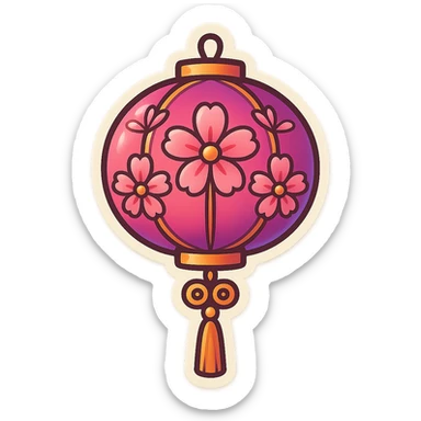 Create a cute and beautiful Chinese lantern with flowers, similar to the reference image in the top row left. Use the retro-stickers style with clean lines, soft shapes, pastel and pink shades. The background should be transparent. sticker
