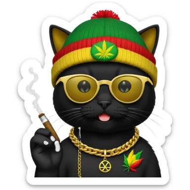 A black cat wearing the deal with it shades and a rasta beanie and smoking a joint and wearing a gold chain that says 420 and the words High Time at the top of the image sticker