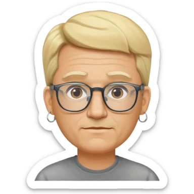 blond middle aged man wearing  big earrings, wearing glassess, with no beard sticker
