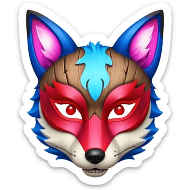 Ancient wooden mask, split in half, luminous and neon with red, blue and pink fox-like glow. sticker