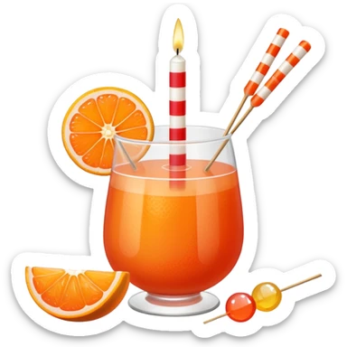 An orange grapefruit, with a horizontal red stripe around the middle. 4 vertical cocktail sticks in the orange with small pieces of candy on the sticks. On top of the orange a small white lit candle. sticker