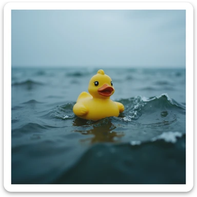  Cinematic still, Extreme Closeup shot of Yellow duck toy on ocean during cloudy day, stormy sea, Camera from top, inspired by interstellar sticker