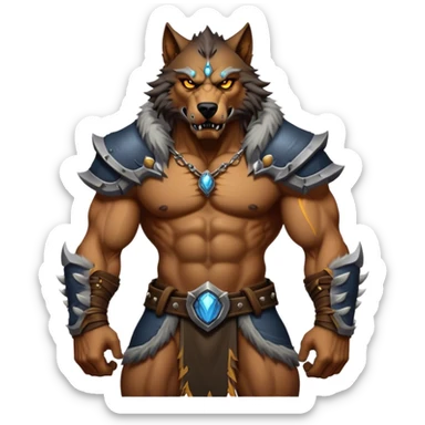 Cinematic Realistic WoW Worgen Portrait, captured in a dynamic, battle-ready stance, muscles rippling beneath his wild fur and tanned skin. His fierce, amber eyes and determined features, set against consistently detailed, worn leather attire, are rendered with dramatic natural lighting and high shine, embodying the raw, relentless fury of a worgen warrior in combat. sticker