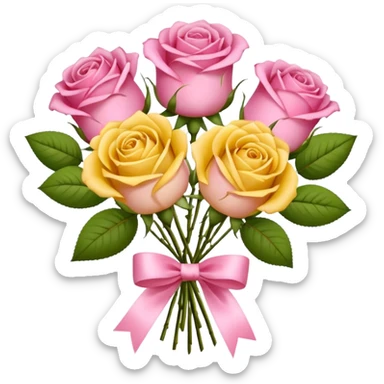 A bouquet of flowers, composed of pink and yellow roses, four blooms in total, tied with ribbon. sticker