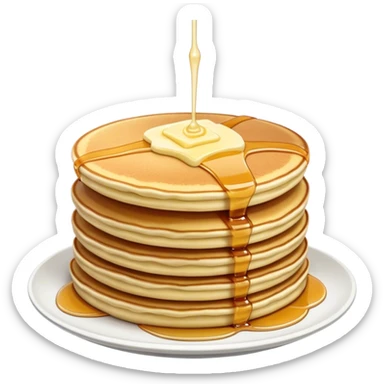 Cinematic fluffy golden pancakes, stacked high, drizzled with maple syrup, topped with fresh butter melting on top, light dusting of powdered sugar, warm and inviting, soft glow and mouthwatering. sticker