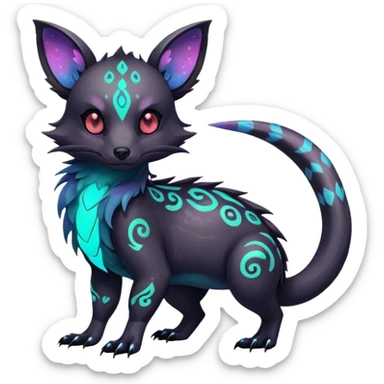 Rare neon iridescent white exotic cute epic aesthetic gothic colorful Salandit-Eevee-Civet-species-Fakemon-hybrid-creature, with intricate tattoo markings, full body sticker