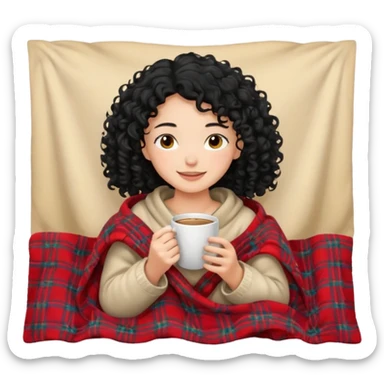 girl with black curly hair inside a blanket sipping coffee eyes closed sticker