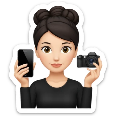 48 year old woman photographer with dark hair in a bun, wearing black clothes sticker