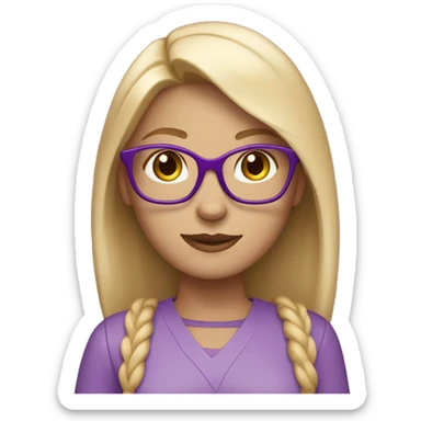 Create a female emoji: white skin, blonde hair, straight and very light below the shoulders, brown eyes, glasses with purple cat-eye frames, light pink jumpsuit. sticker