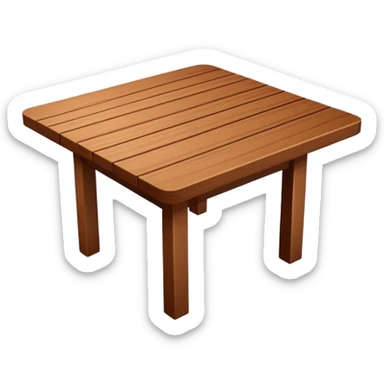 Generate a 3D  table in the same style as the referenced chair image: warm brown wood, subtly textured, slightly angled perspective, clean edges, realistic but minimal shading, on a transparent or plain white background. Keep the design simple and clearly readable at small sizes sticker