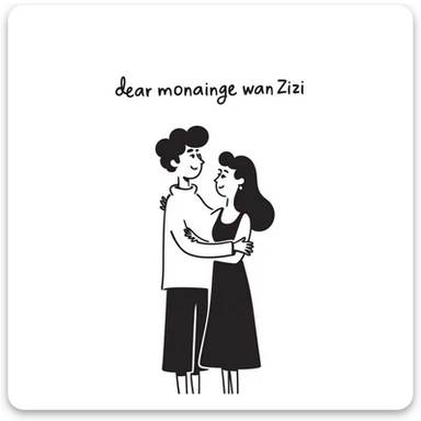 person hugging girlfriend, with text 'dear monainge wan Zizi' sticker