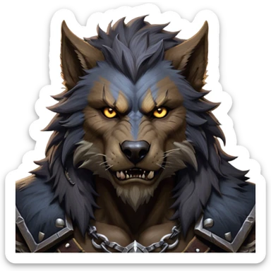 Cinematic Realistic WoW Worgen Portrait, depicted as a fearsome blend of man and beast, with rugged, dark fur intermingling with tanned, weathered skin. His piercing amber eyes and fierce expression are framed by disheveled hair and subtly detailed, worn leather attire in dark, consistent hues. Rendered with lifelike texture and dramatic, natural lighting, high shine, noble and formidable, capturing the primal nobility of a legendary worgen warrior. sticker