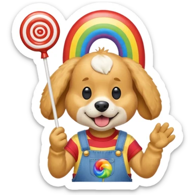 Generate a emoji of a dog with a comically large rainbow swirly lollipop with a goofy silly propeller hat, make the dog wear a striped bright yellow, red, and blue shirt with jean overalls sticker