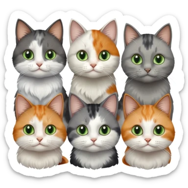 6 realistic looking cats with different natural coloured coats, assorted grey and white, greys, calico, brown and white colours etc
 sticker