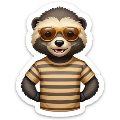 friendly anthropomorphised honey badger, close crop showing head, neck, and top of t-shirt with a striped design, wearing sunglasses sticker