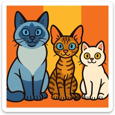 three cartoon cats side by side: left is a large blue point Birman male with blue eyes, center is a petite brown tabby Devon Rex female with pale blue eyes, right is a small white British Shorthair female with yellow eyes, in a playful cartoon style sticker