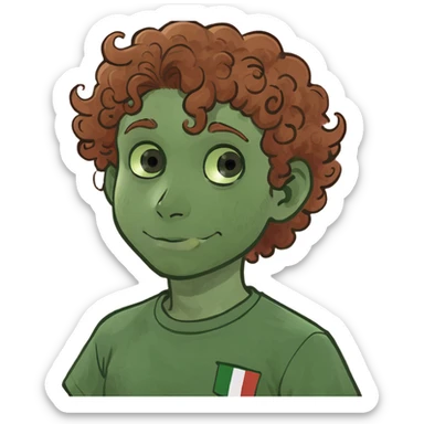 Curly reddish brown haired boy Italy shirt  walking Shiba Inu dog sticker