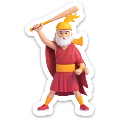 a supernatural baseball god, bat raised to the sky, lightning striking, wearing a toga and jersey sticker