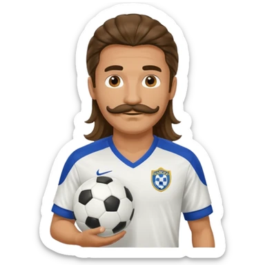long haired man soccer player with mustache holding soccer ball sticker
