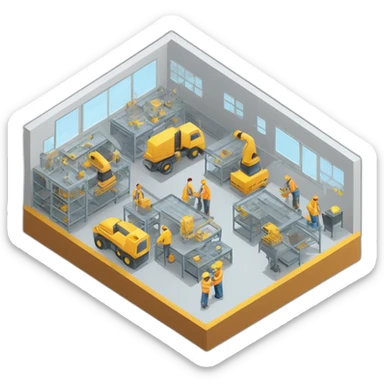 isometric square transparent solid outline border containing indoor factory people actively working sticker