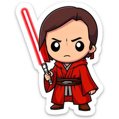 Person holding a red lightsaber with dim lighting with a dark brown robe with a scar over one eye and a broken nose  sticker