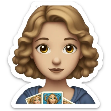 Girl with medium light brown hair and blue eyes with tarot cards in hands sticker