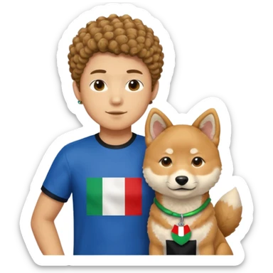 Italy flag shirt boy curly hair next to Shiba Inu sticker