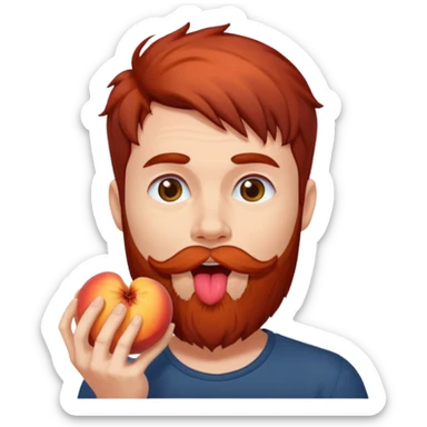 Dark haired Man with red beard licking peach sticker