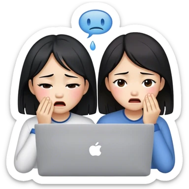 two asian girls crying in front of macbook sticker