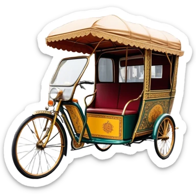 Cyclo rickshaw – Cinematic Realistic Cyclo Rickshaw, depicted as a charming, ornately painted three-wheeled cycle taxi with vintage detailing, set on bustling city streets under dynamic urban lighting that evokes cultural heritage and nostalgic charm. sticker